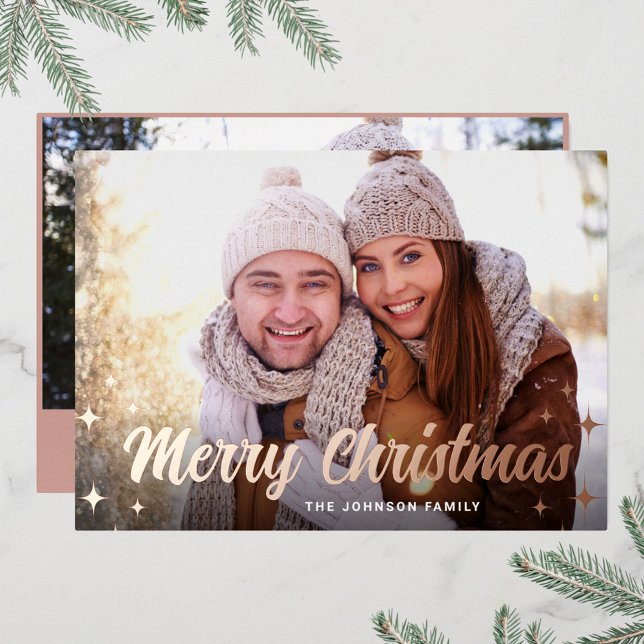 2 PHOTO Sparkle Merry Christmas Greeting Rose Gold Foil Holiday Card (Creator Uploaded)