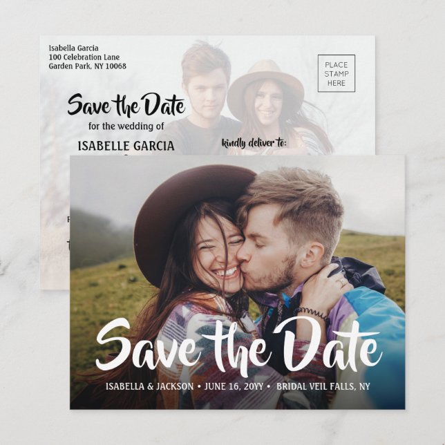 2 Photo Stylish Calligraphy Wedding Save the Date Announcement Postcard (Front/Back)