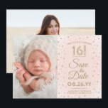2 Photo Sweet 16 Birthday Blush Gold Save the Date<br><div class="desc">Invite family and friends to an upcoming Sweet 16th celebration for her with this stylish 2 photo blush pink and gold 3.5"x5" save the date invitation. (IMAGE PLACEMENT TIP: An easy way to center a photo exactly how you want is to crop it before uploading to the Zazzle website.) Design...</div>
