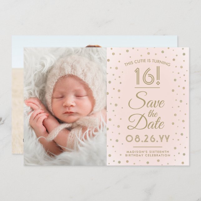 2 Photo Sweet 16 Birthday Blush Gold Save the Date (Front/Back)
