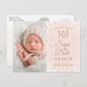 2 Photo Sweet 16 Birthday Blush Gold Save the Date Invitation Postcard