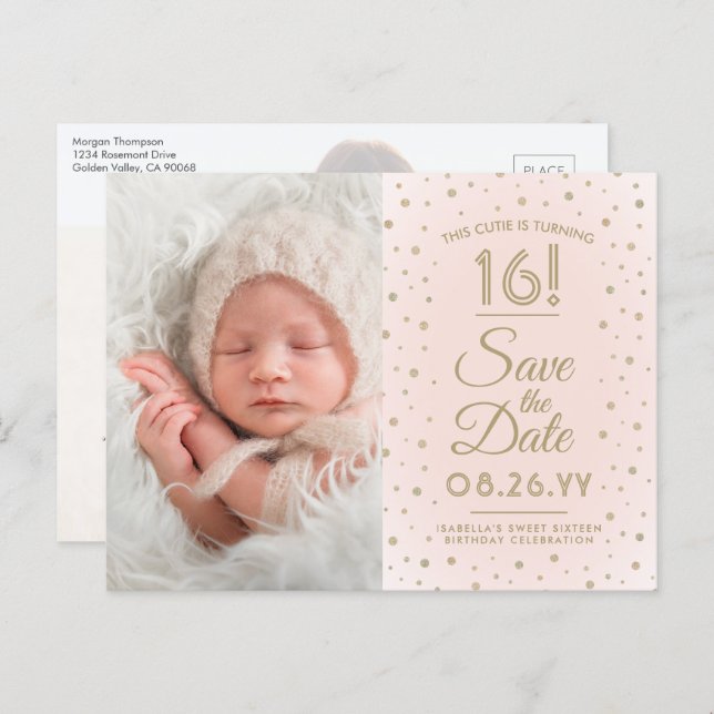 2 Photo Sweet 16 Birthday Blush Gold Save the Date Invitation Postcard (Front/Back)