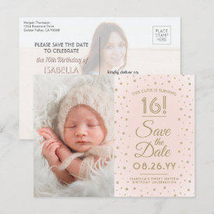2 Photo Sweet 16 Birthday Blush Gold Save the Date Invitation Postcard