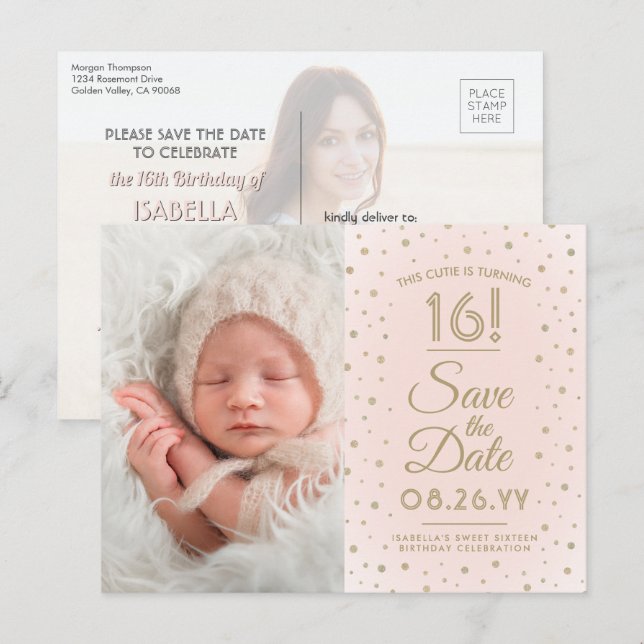2 Photo Sweet 16 Birthday Blush Gold Save the Date Invitation Postcard (Front/Back)