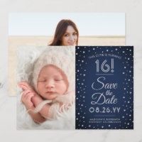 2 Photo Sweet 16 Birthday Chic Navy Blue Confetti