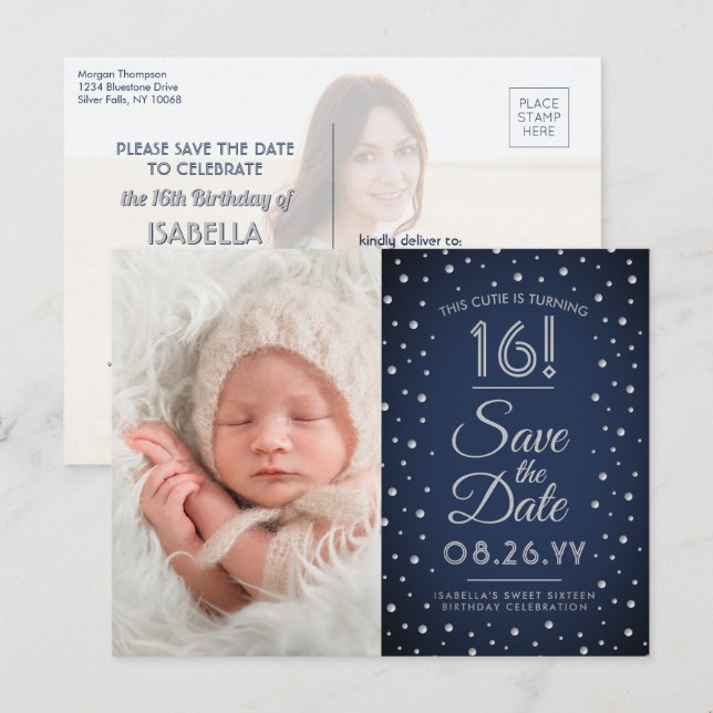 2 Photo Sweet 16 Birthday Navy Blue Save the Date Invitation Postcard (Front/Back)