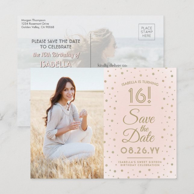 2 Photo Sweet 16 Birthday Save the Date Blush Gold Invitation Postcard (Front/Back)