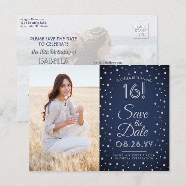 2 Photo Sweet 16 Birthday Save the Date Navy Blue Invitation Postcard (Front/Back)