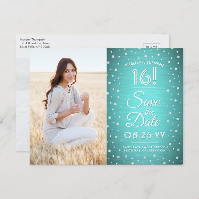 2 Photo Sweet 16 Birthday Save the Date Teal Blue Invitation Postcard (Front/Back)