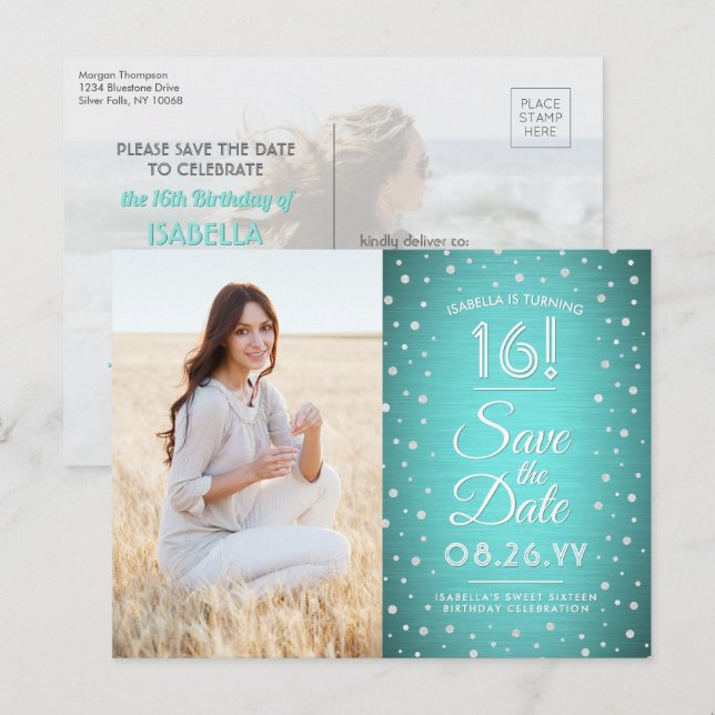 2 Photo Sweet 16 Birthday Save the Date Teal Blue Invitation Postcard (Front/Back)