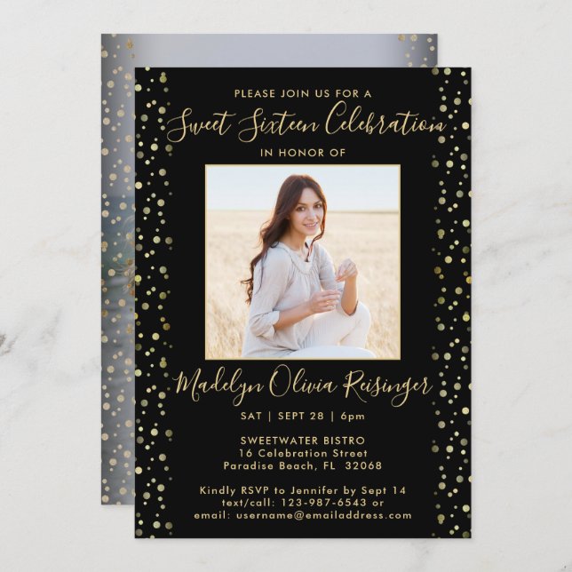 2 Photo Sweet 16 Modern Black and Gold Glitter Invitation (Front/Back)
