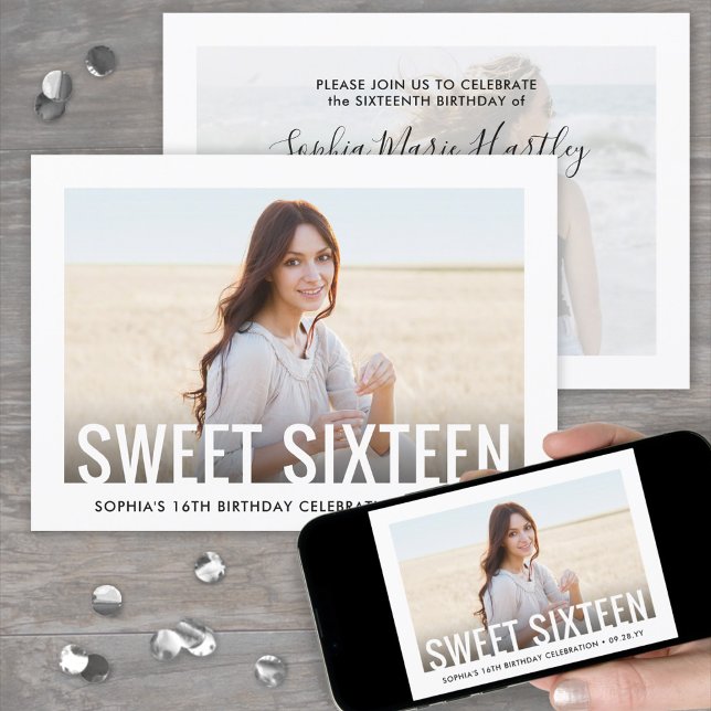 2 Photo Sweet 16 Modern Minimal Sixteenth Birthday Invitation (Creator Uploaded)