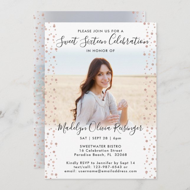 2 Photo Sweet 16 Modern Pink Rose Gold Glitter Invitation (Front/Back)