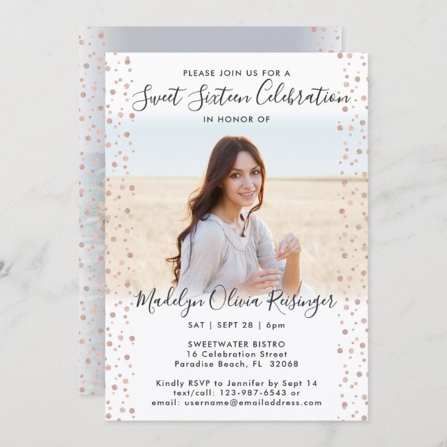 2 Photo Sweet 16 Modern Pink Rose Gold Glitter Invitation (Front/Back)