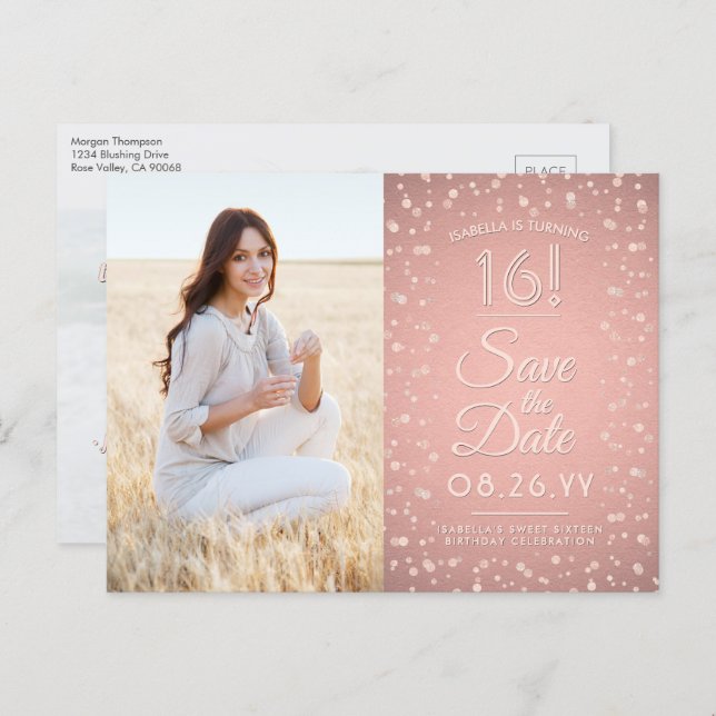 2 Photo Sweet 16 Save the Date Rose Gold Glitter Invitation Postcard (Front/Back)