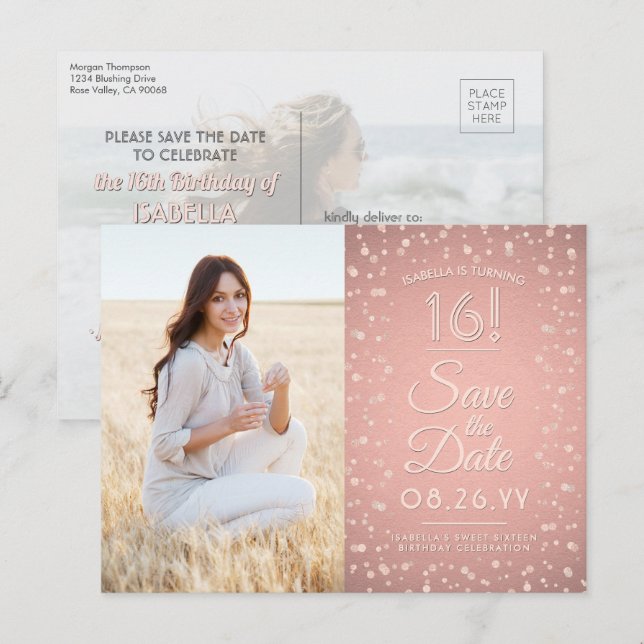2 Photo Sweet 16 Save the Date Rose Gold Glitter Invitation Postcard (Front/Back)