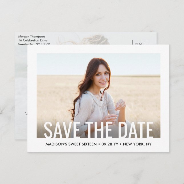 2 Photo Sweet 16th Birthday Modern Save the Date Announcement Postcard (Front/Back)