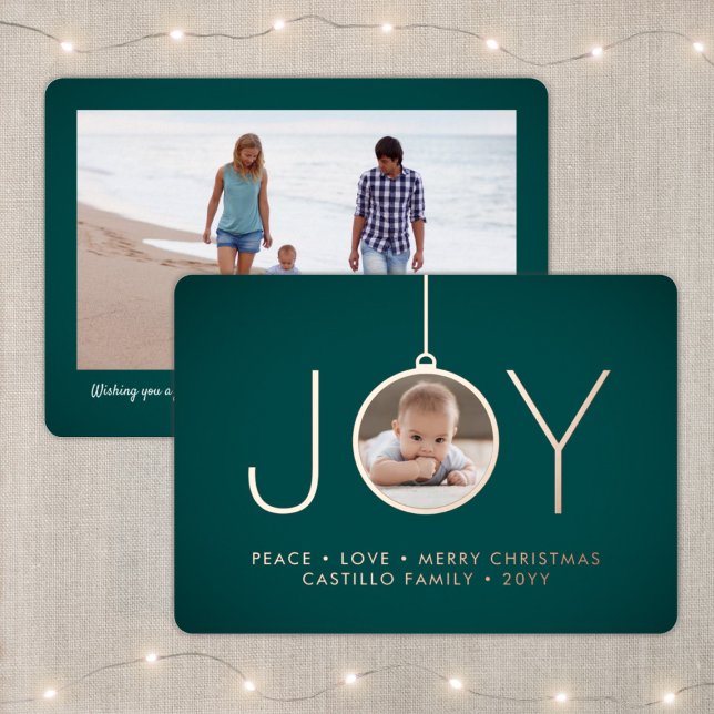 2 Photo Teal Green Modern Joy Christmas Ornament Foil Holiday Card (Creator Uploaded)