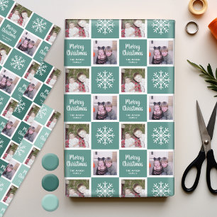 2 Photo Teal Greens - Merry Christmas Snowflakes Wrapping Paper Sheet