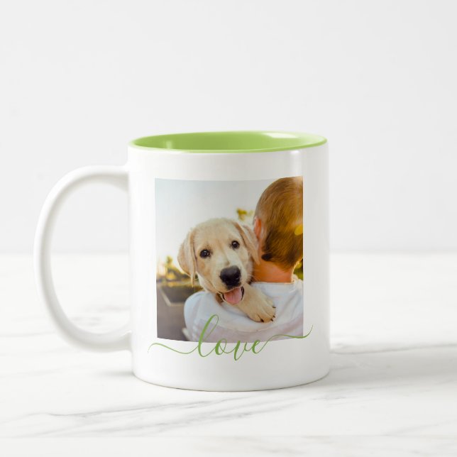 2 Photo Template Double Sided Love Text Green Two-Tone Coffee Mug (Left)