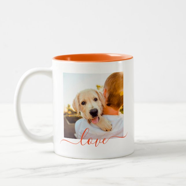 2 Photo Template Double Sided Love Text Orange Two-Tone Coffee Mug (Left)