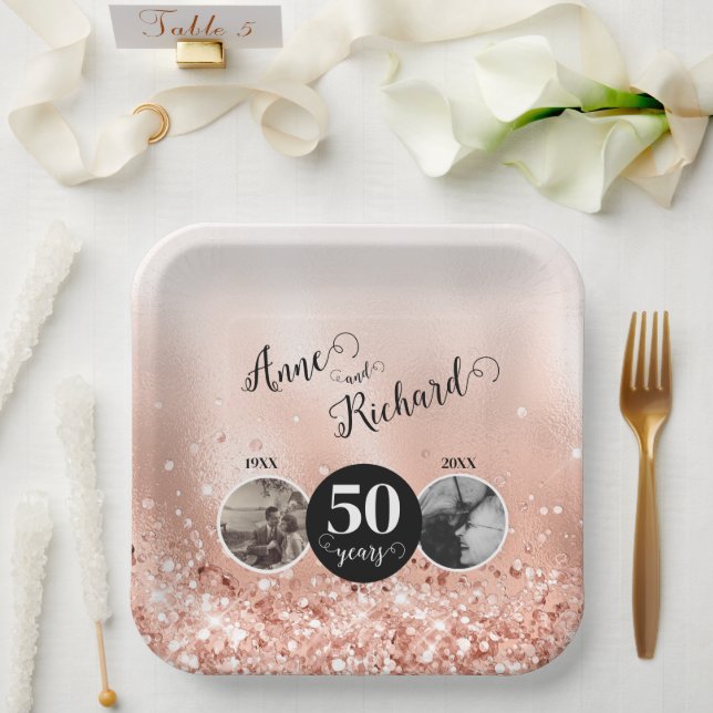 2 Photo Then and Now ANY YEAR Wedding Anniversary Paper Plate (Wedding)