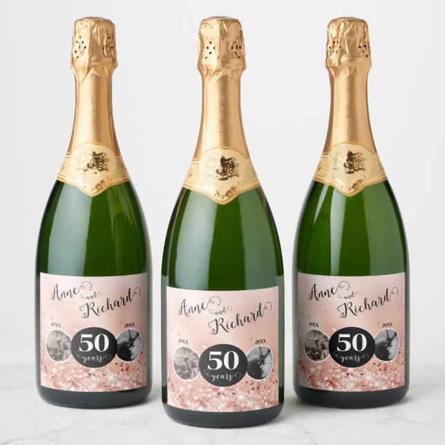 2 Photo Then and Now ANY YEAR Wedding Anniversary Sparkling Wine Label (Bottles)