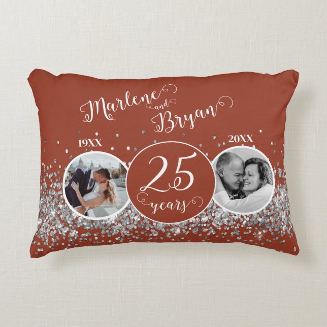 2 Photo "Then and Now" Silver Wedding Anniversary  Decorative Cushion (Front)