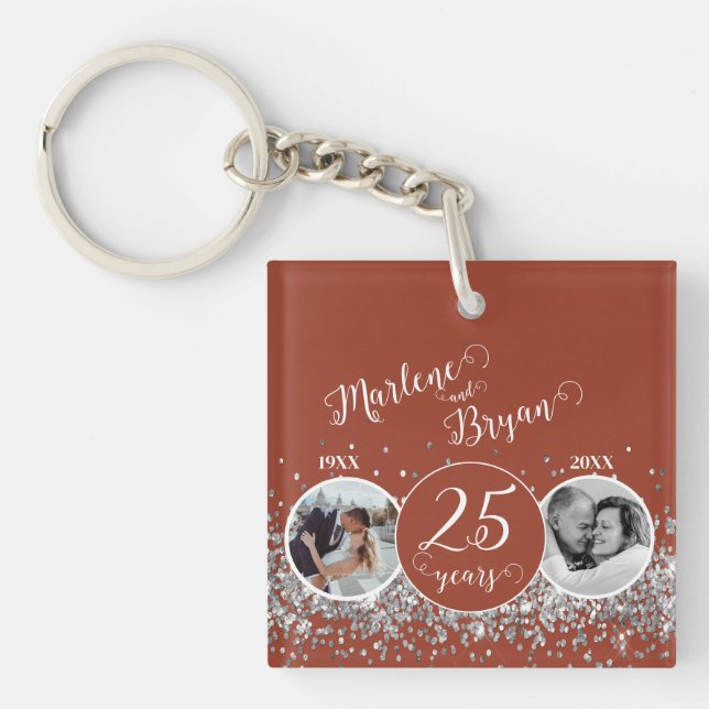 2 Photo "Then and Now" Silver Wedding Anniversary  Key Ring (Front)