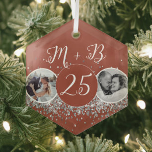 2 Photo Then and Now Wedding Anniversary Glass Tree Decoration