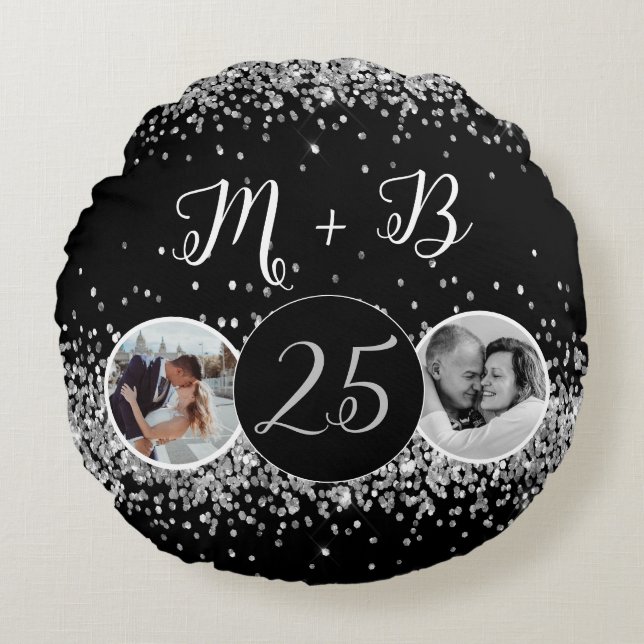 2 Photo Then and Now Wedding Anniversary Round Cushion (Front)