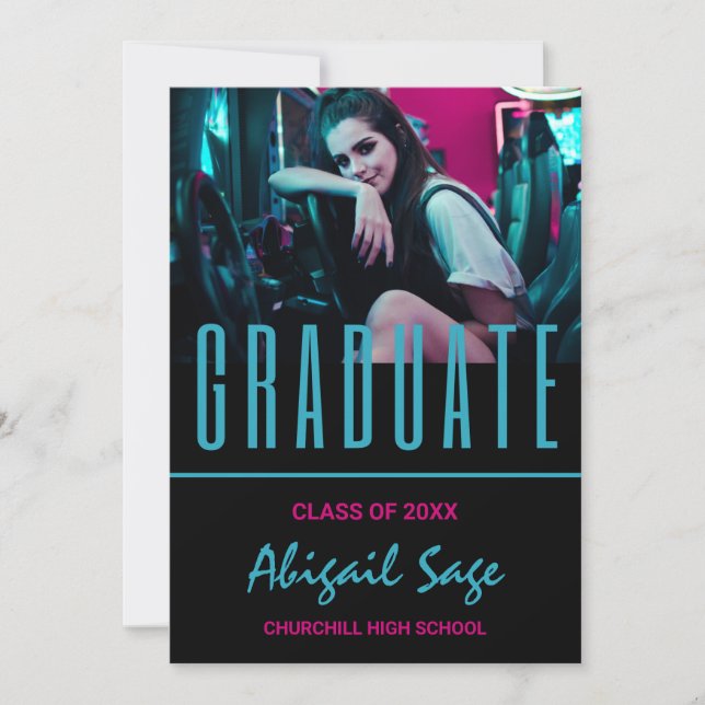 2 Photo Trendy Modern Aqua Pink Black Graduation Invitation (Front)