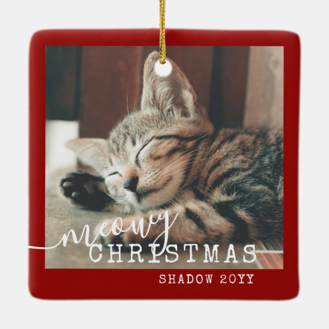 2 Photo Two Cats Meowy Christmas Rustic Red Cerami Ceramic Ornament (Back)