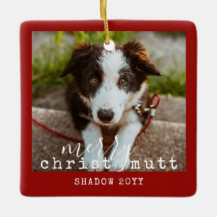 2 Photo Two Dogs Funny Merry ChristMUTT Rustic Red Ceramic Ornament