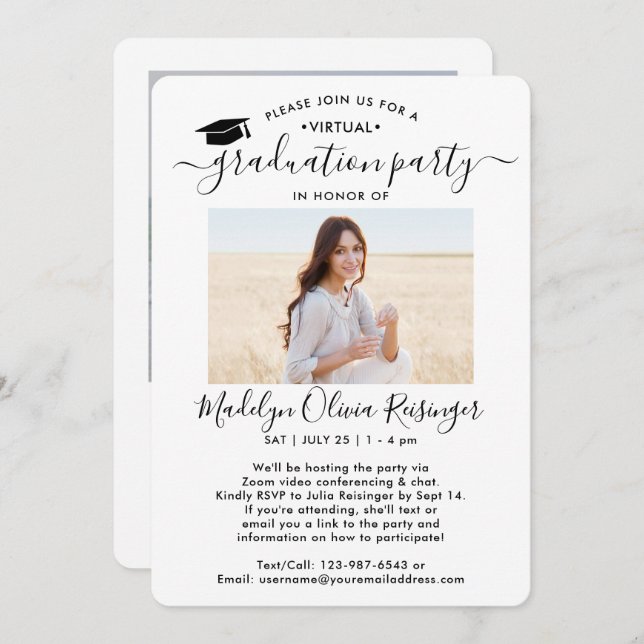 2 Photo Virtual Graduation Party Modern Script Invitation (Front/Back)