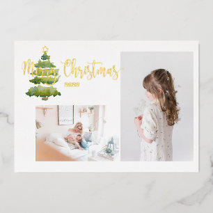 2 photo Watercolor Christmas Tree Gold Photo Card