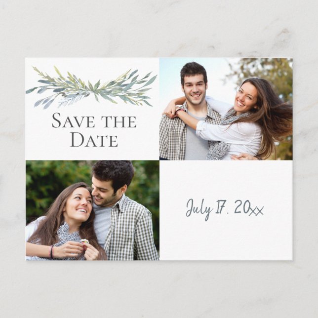 2 Photo Watercolor Greenery Modern Save The Date Announcement Postcard (Front)