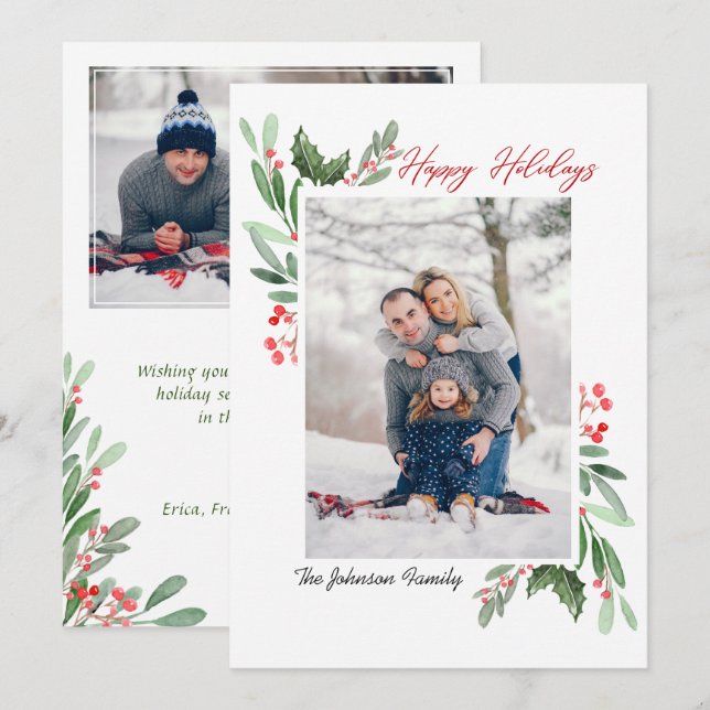 2 PHOTO Watercolor Mistletoe Holly Berry Christmas Holiday Card (Front/Back)