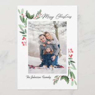 2 PHOTO Watercolor Mistletoe Holly Berry Christmas Holiday Card