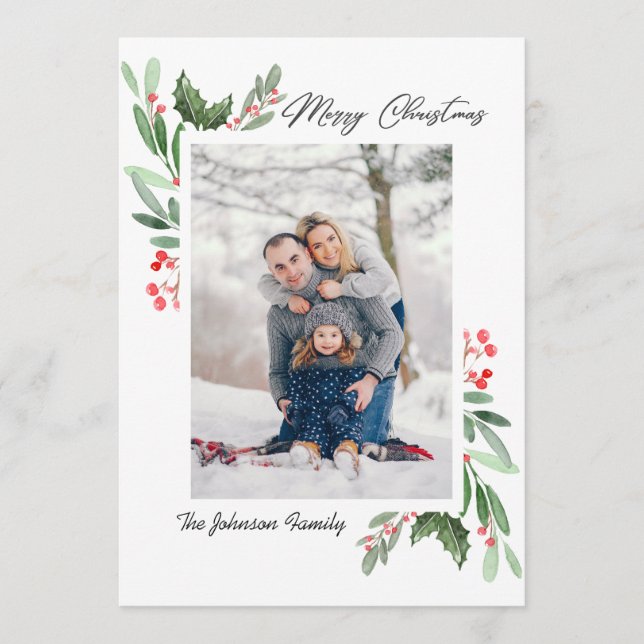 2 PHOTO Watercolor Mistletoe Holly Berry Christmas Holiday Card (Front)
