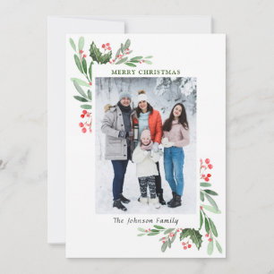 2 PHOTO Watercolor Mistletoe Holly Berry Christmas Holiday Card