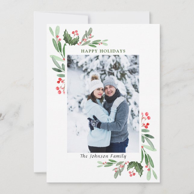 2 PHOTO Watercolor Mistletoe Holly Berry Christmas Holiday Card (Front)