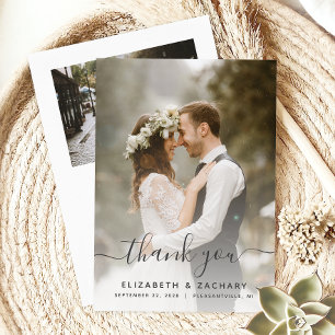 2-Photo Wedding Grey Script Thank You Card