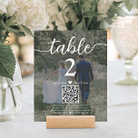 2 Photo Wedding QR Code White Script Table Number<br><div class="desc">Add a personalised finishing touch to wedding reception decorations with custom photo & QR Code table number cards. Pictures and wording are simple to customise, and can be different or the same on front and back. If preferred, change "capture the love" to "honeymoon fund, " "a special thanks, " "menu,...</div>