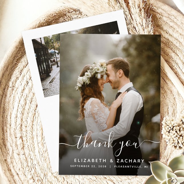 2-Photo Wedding White Script Thank You Card (Creator Uploaded)