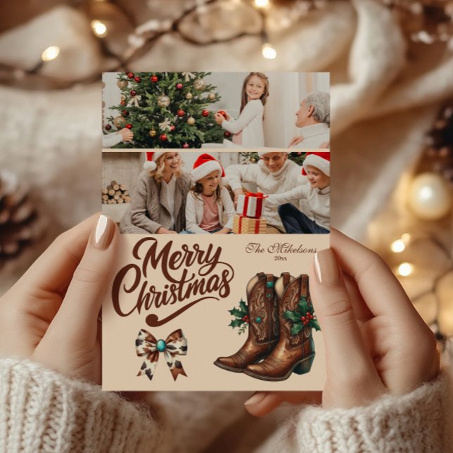 2 Photo Western Bow & Boots Christmas Holiday Card (Creator Uploaded)