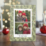 2 Photo Whimsical Christmas Branches White Border Holiday Card<br><div class="desc">Use 2 horizontal pictures and make a unique and trendy Holiday greeting with a whimsical Christmas tree branch pattern in the background. It has a painted look with winter icons. If you need to move anything around,  click on the customise button to make changes.</div>
