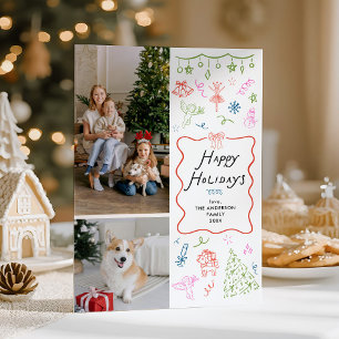2 Photo Whimsical Hand Drawn Happy Holidays Card