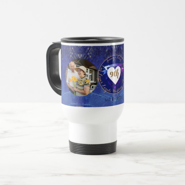 2 Photos 9th Wedding Anniversary Round Lapis Frame Travel Mug (Front Left)