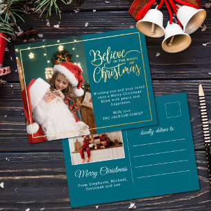 2 photos believe in Christmas magic family blue Foil Holiday Postcard